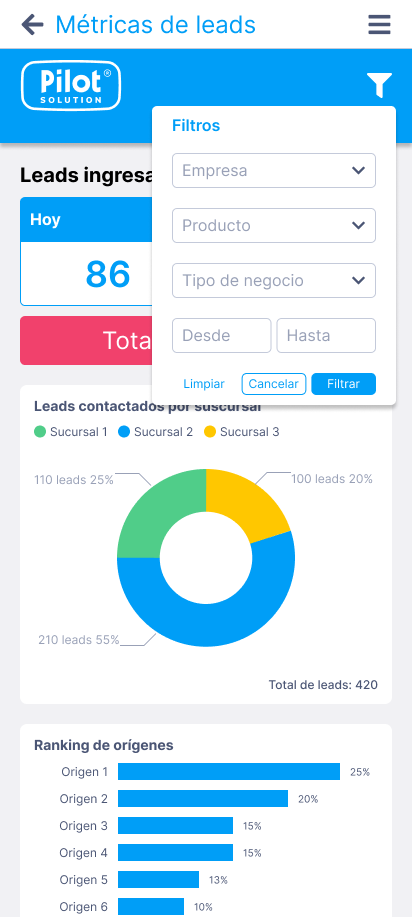 Pantalla de filtros de la app automotriz