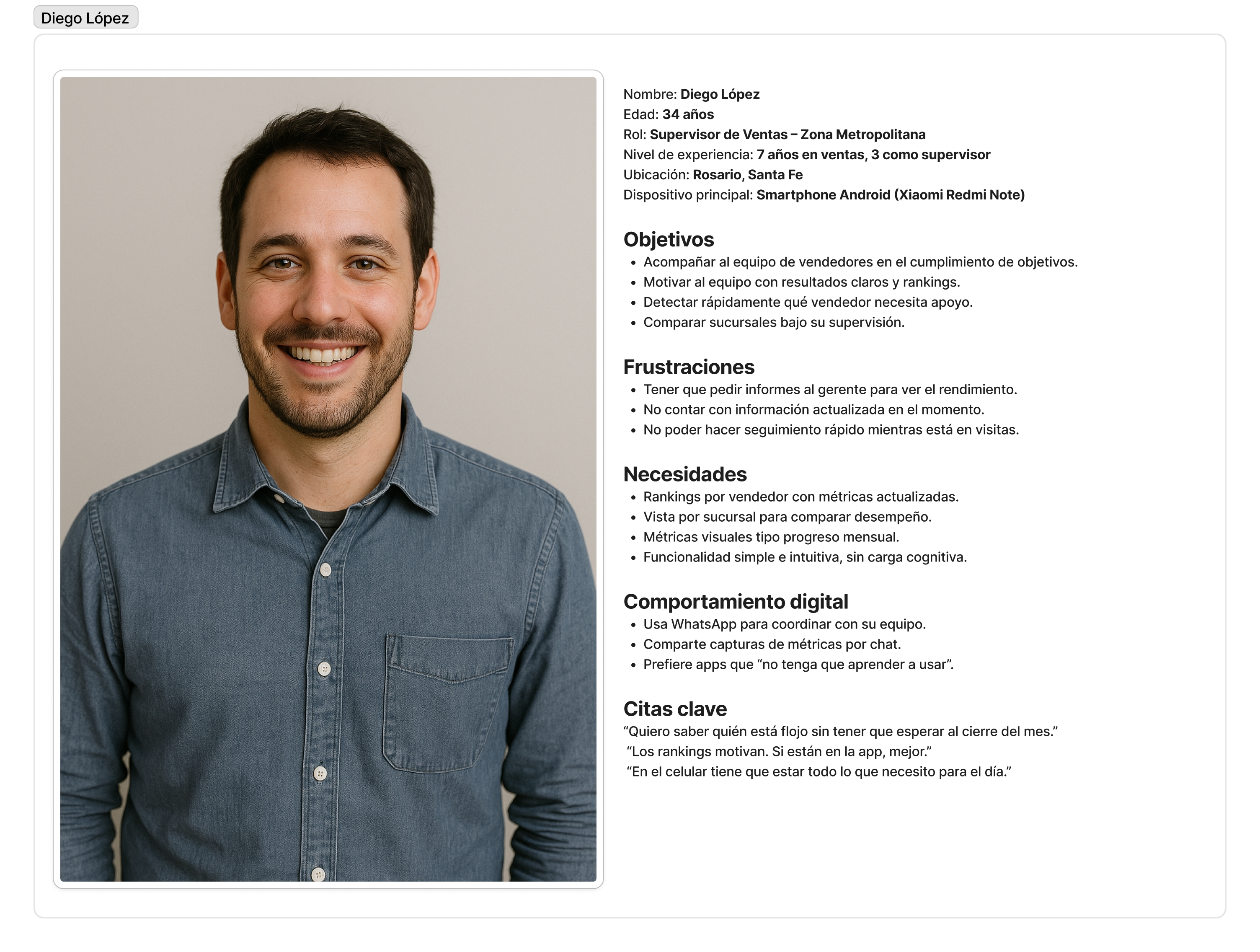 User persona de Diego López - 34 años - Supervisor de Ventas – Zona Metropolitana