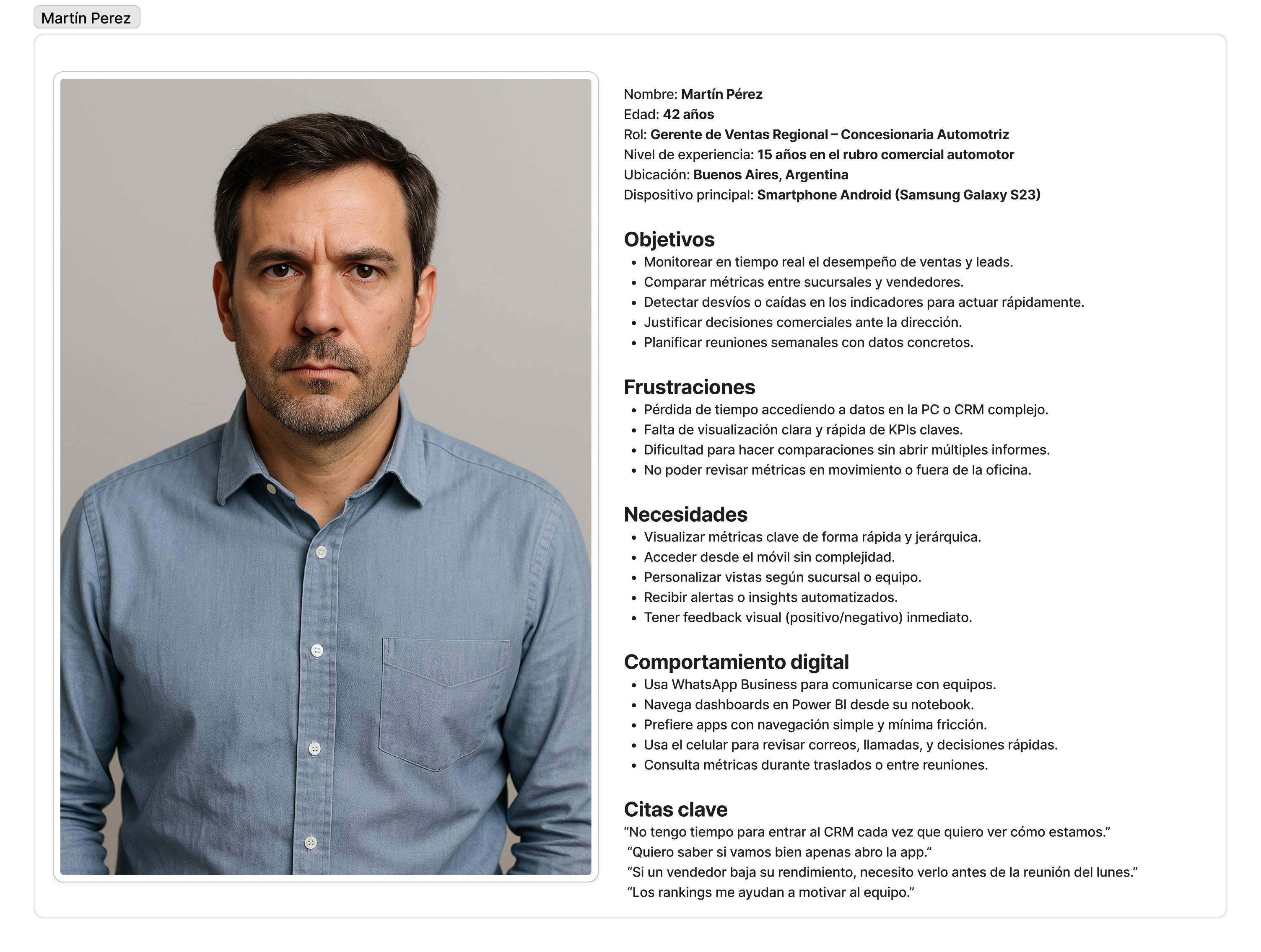 User persona de Martín Pérez- 42 años - Gerente de Ventas Regional – Concesionaria Automotriz