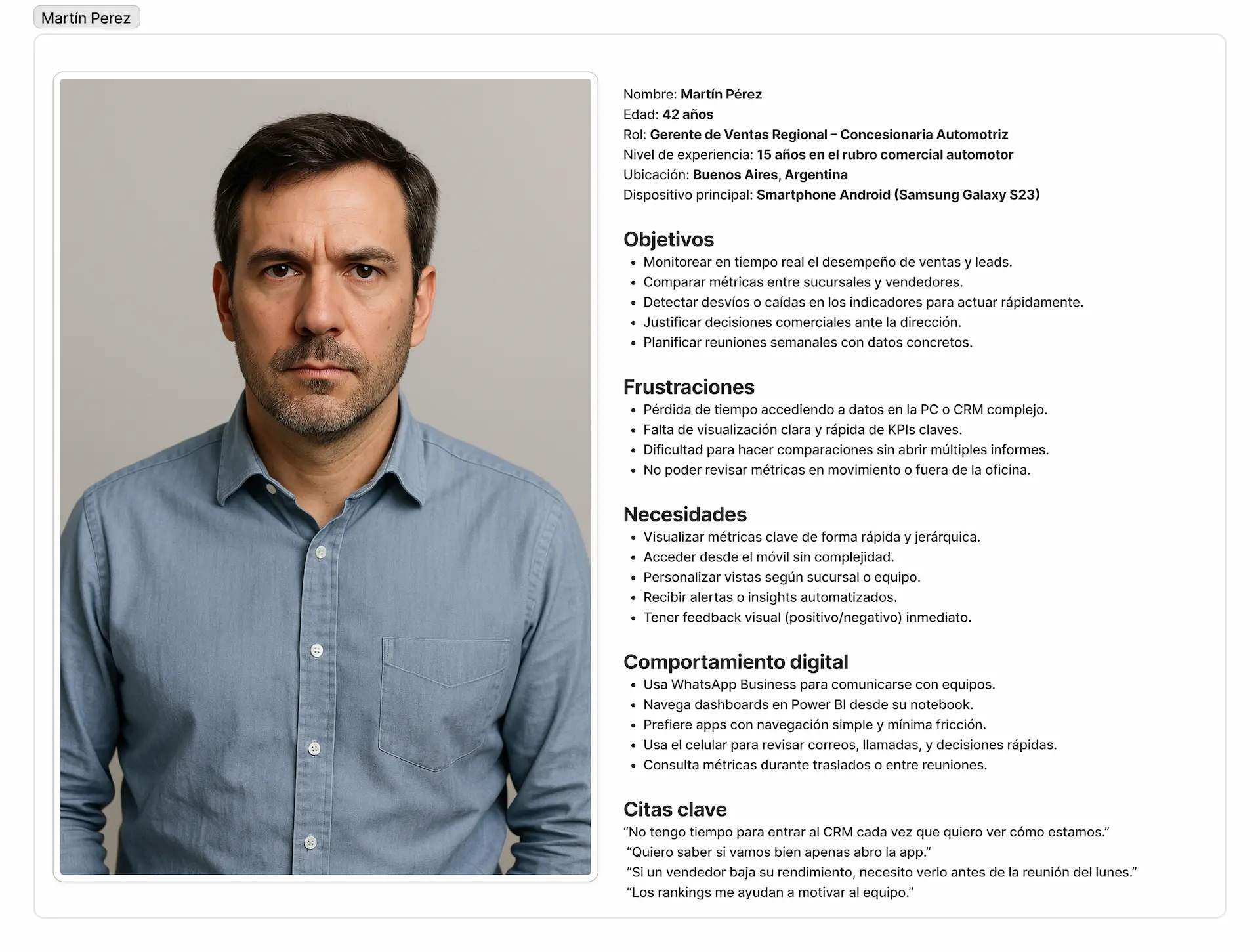 User persona de  Martín Pérez- 42 años - Gerente de Ventas Regional – Concesionaria Automotriz