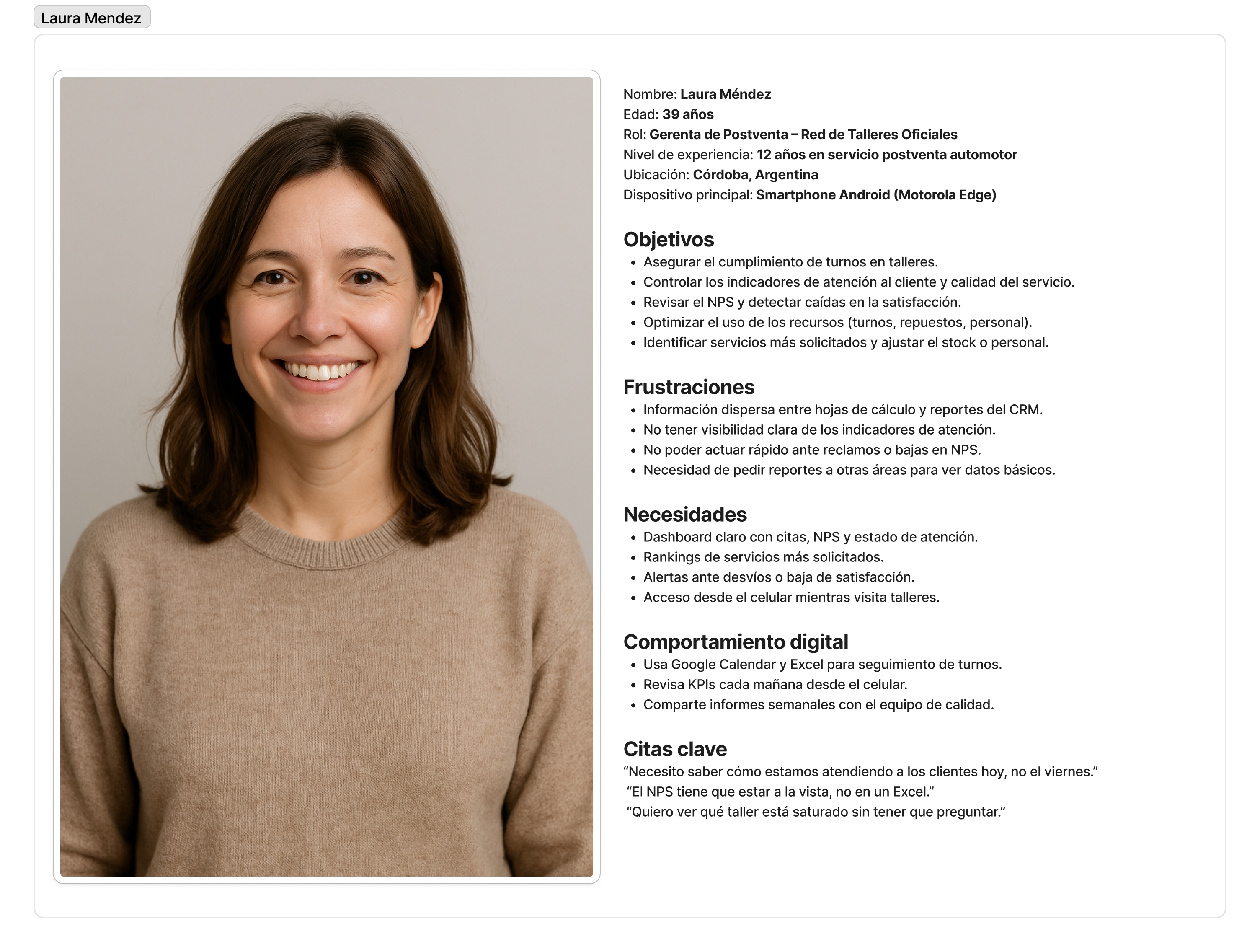 User persona de Laura Méndez - 39 años - Gerenta de Postventa – Red de Talleres Oficiales